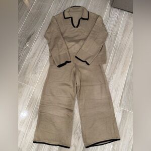 Relaxed Knit Top and Wide-Leg Pants Matching Set Size L - Taupe